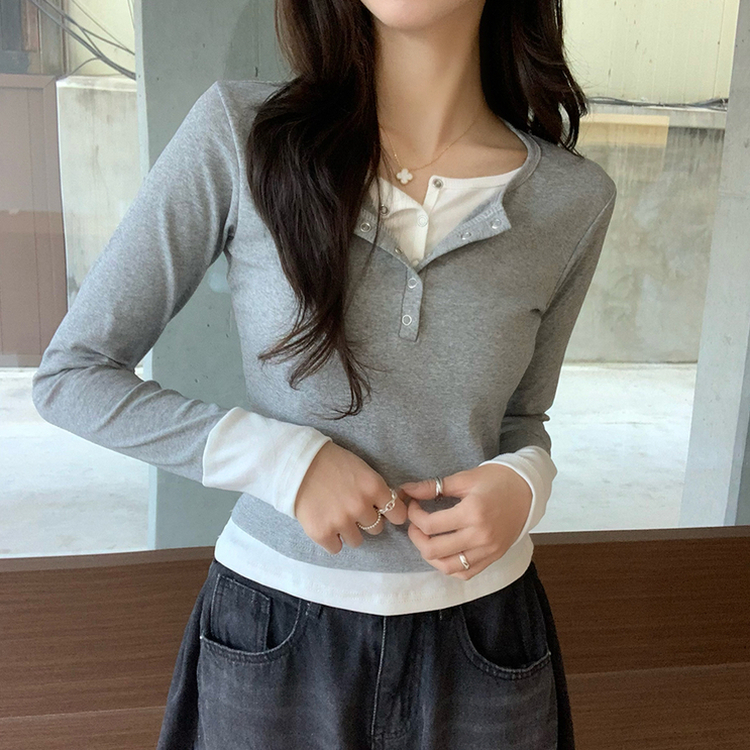スナップボタンレイヤード長袖Tシャツ GREY