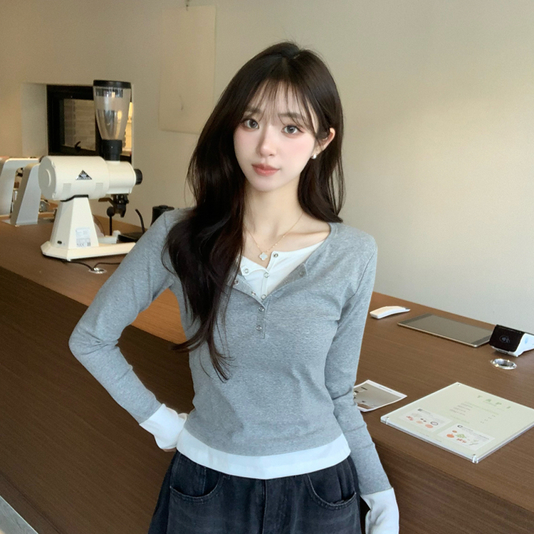 スナップボタンレイヤード長袖Tシャツ GREY