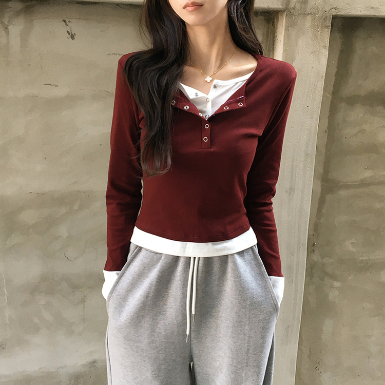 スナップボタンレイヤード長袖Tシャツ BURGUNDY