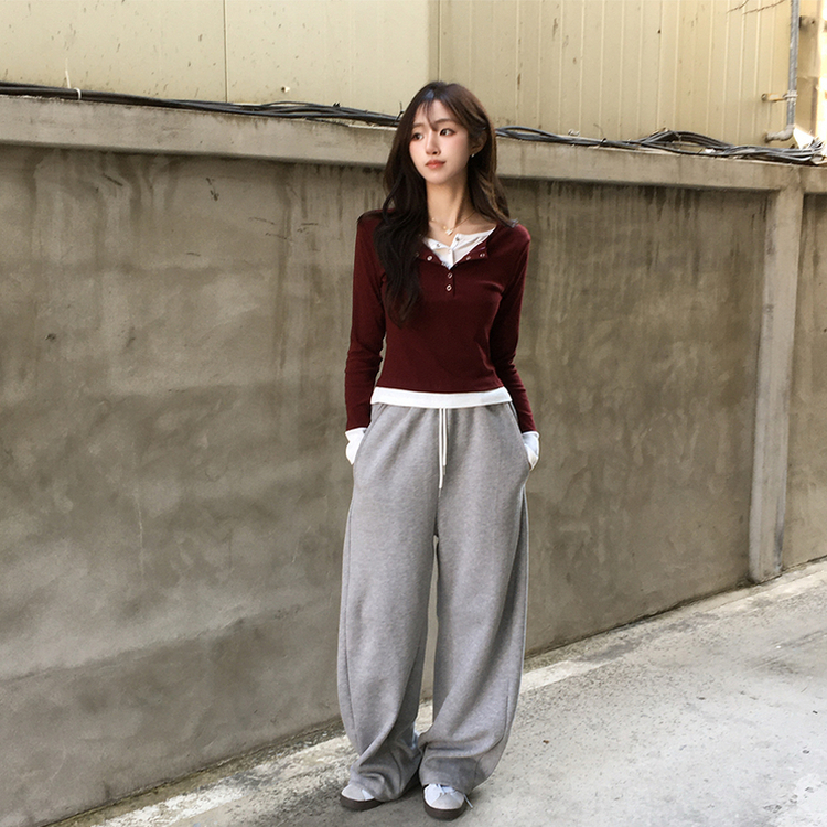 スナップボタンレイヤード長袖Tシャツ BURGUNDY