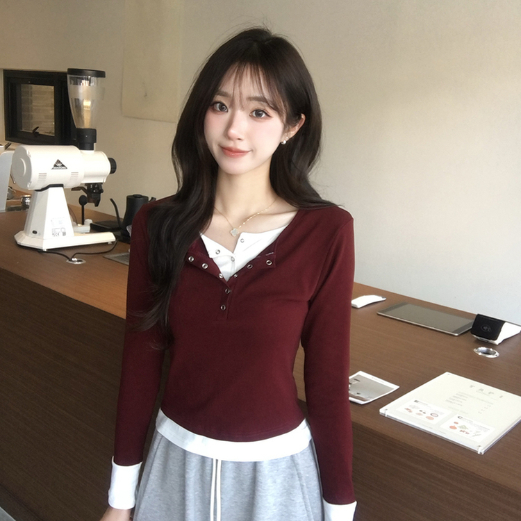 スナップボタンレイヤード長袖Tシャツ BURGUNDY