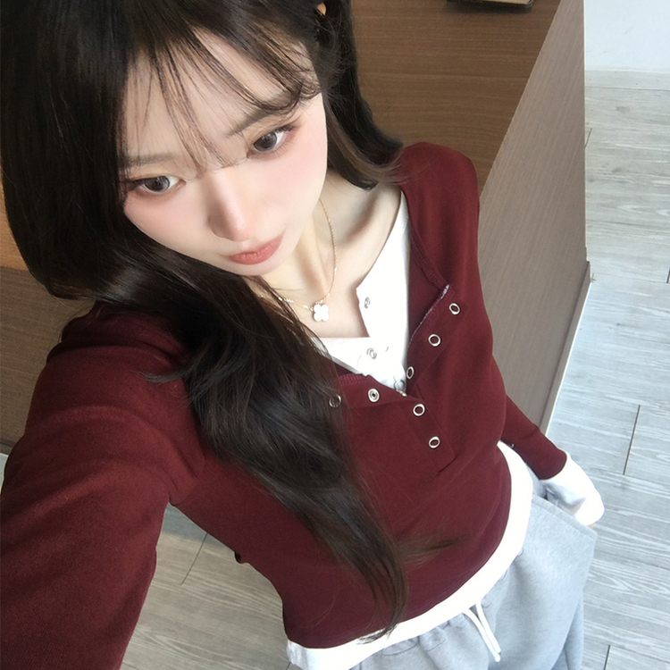 スナップボタンレイヤード長袖Tシャツ BURGUNDY