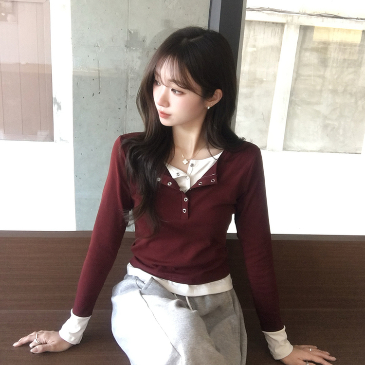 スナップボタンレイヤード長袖Tシャツ BURGUNDY