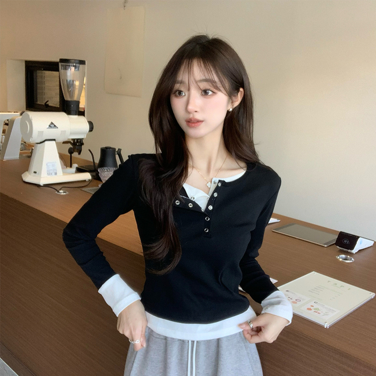 スナップボタンレイヤード長袖Tシャツ BLACK