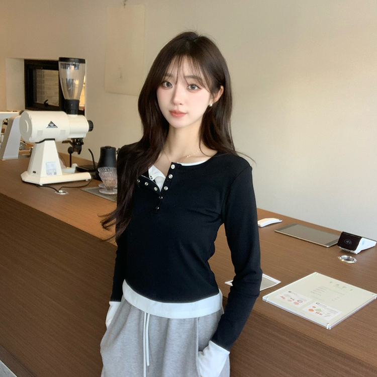 スナップボタンレイヤード長袖Tシャツ BLACK