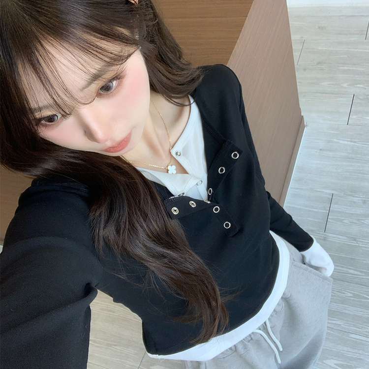 スナップボタンレイヤード長袖Tシャツ BLACK