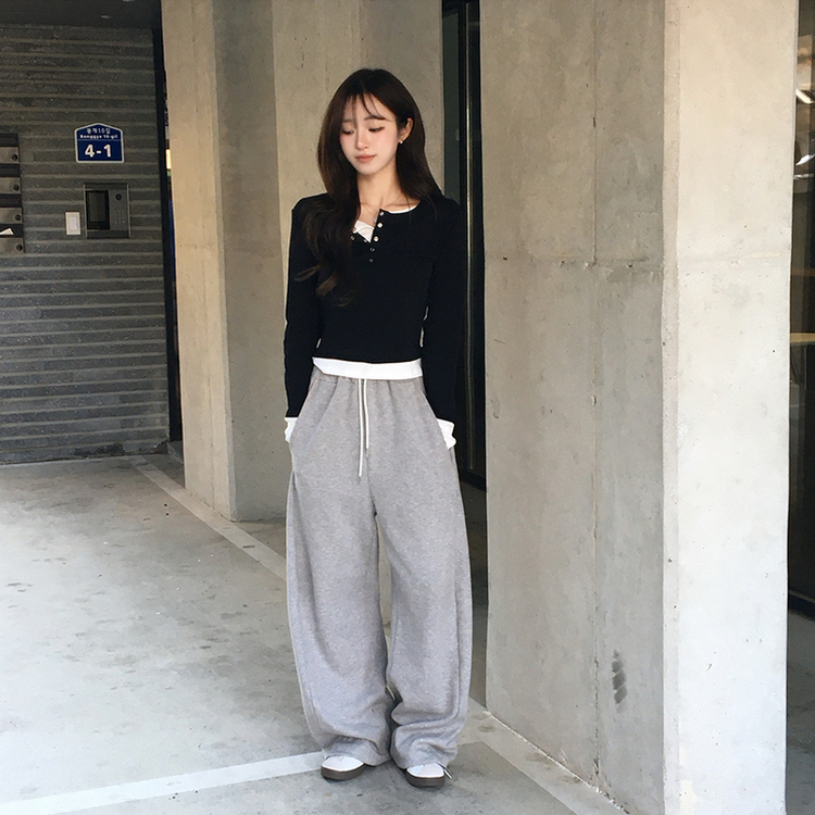 スナップボタンレイヤード長袖Tシャツ BLACK