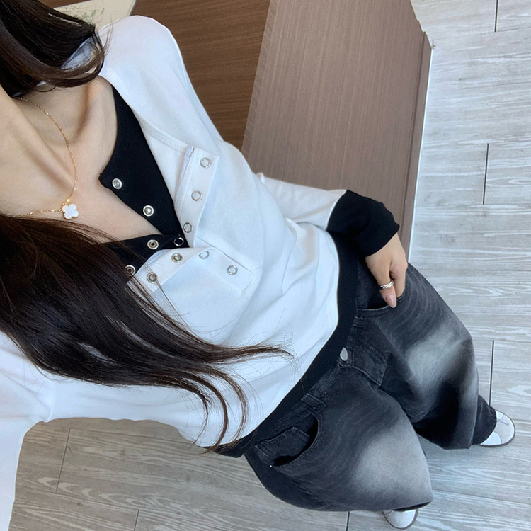 スナップボタンレイヤード長袖Tシャツ WHITE