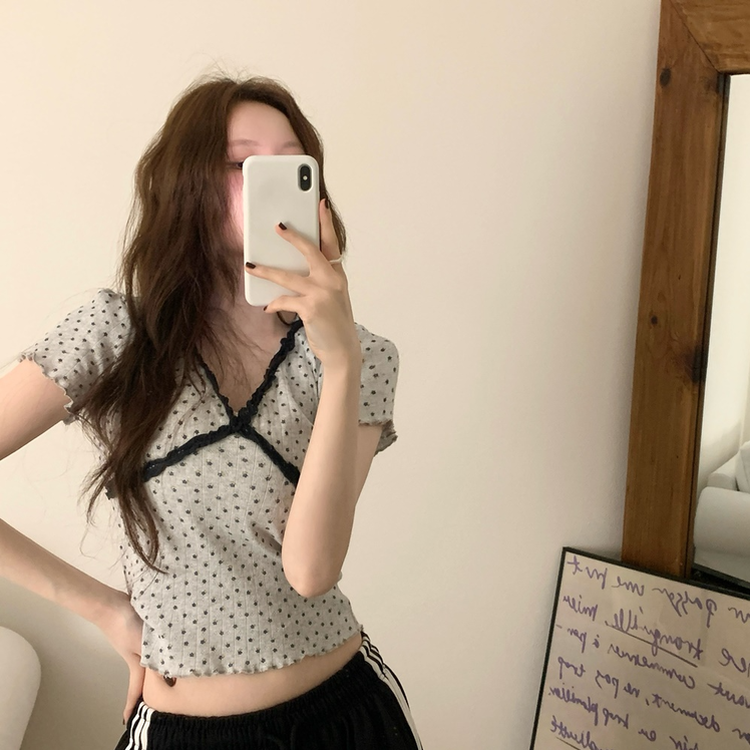 ドットレースフラワー半袖Tシャツ GREY