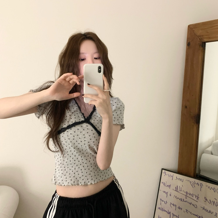 ドットレースフラワー半袖Tシャツ GREY