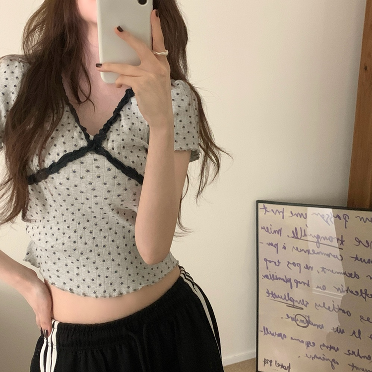 ドットレースフラワー半袖Tシャツ GREY