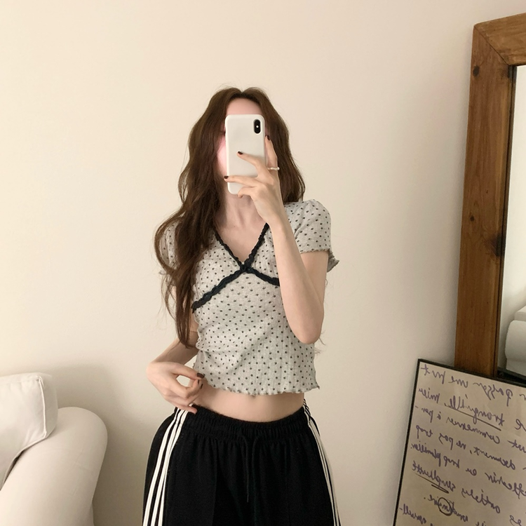 ドットレースフラワー半袖Tシャツ GREY