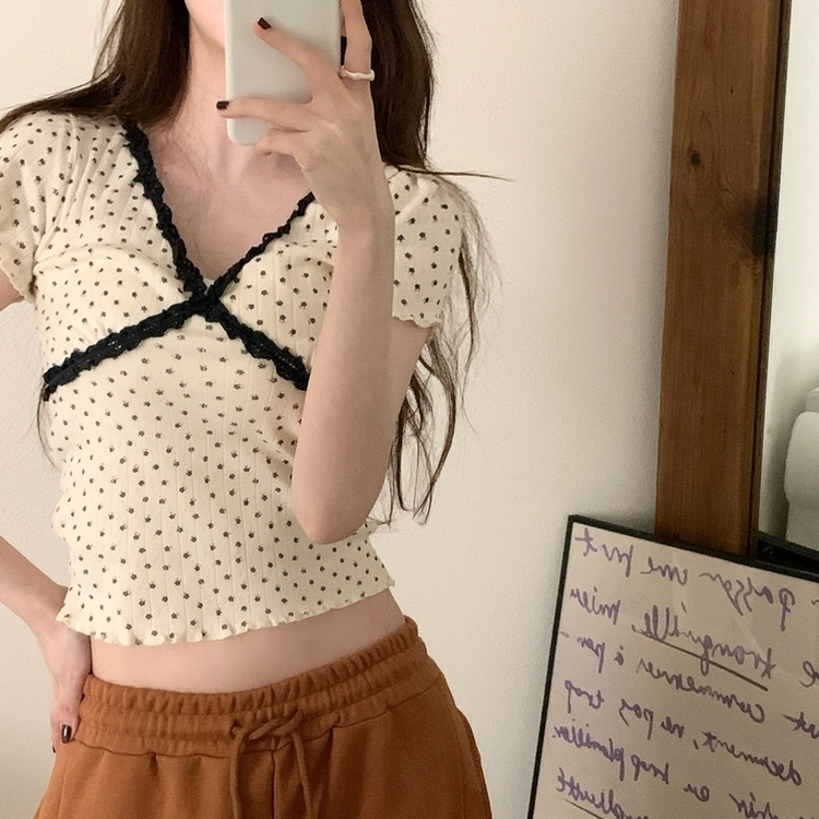 ドットレースフラワー半袖Tシャツ IVORY