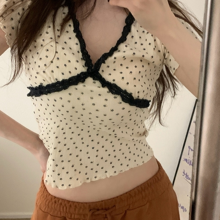 ドットレースフラワー半袖Tシャツ IVORY