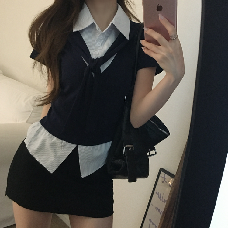 レイヤードシャツサイドシアリング半袖Tシャツ DARK BLUE