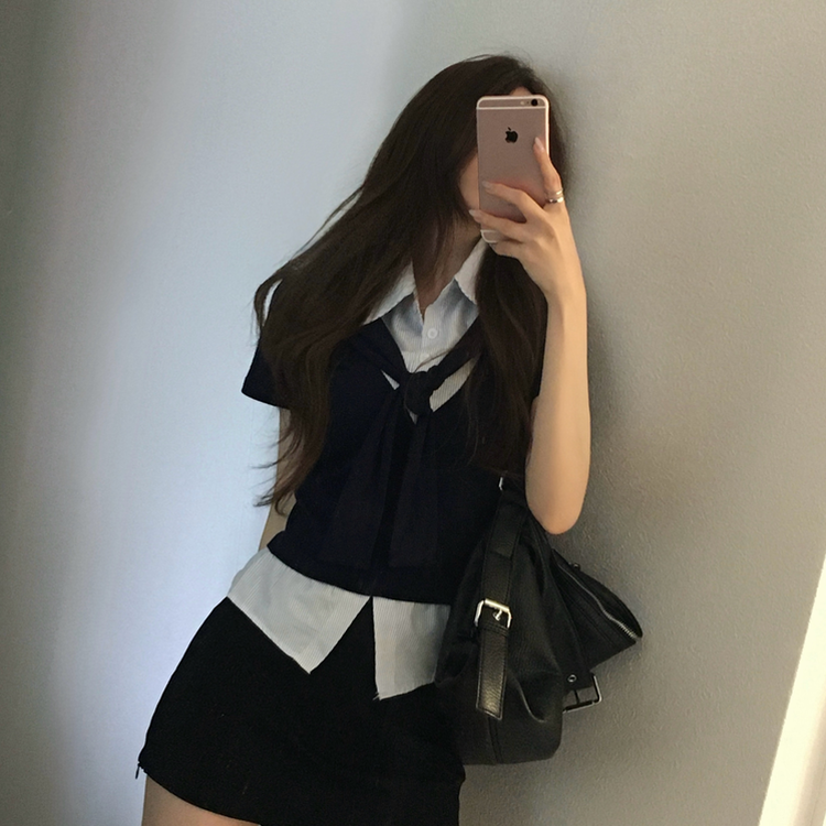 レイヤードシャツサイドシアリング半袖Tシャツ DARK BLUE