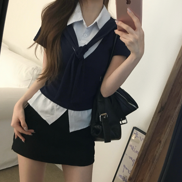 レイヤードシャツサイドシアリング半袖Tシャツ DARK BLUE