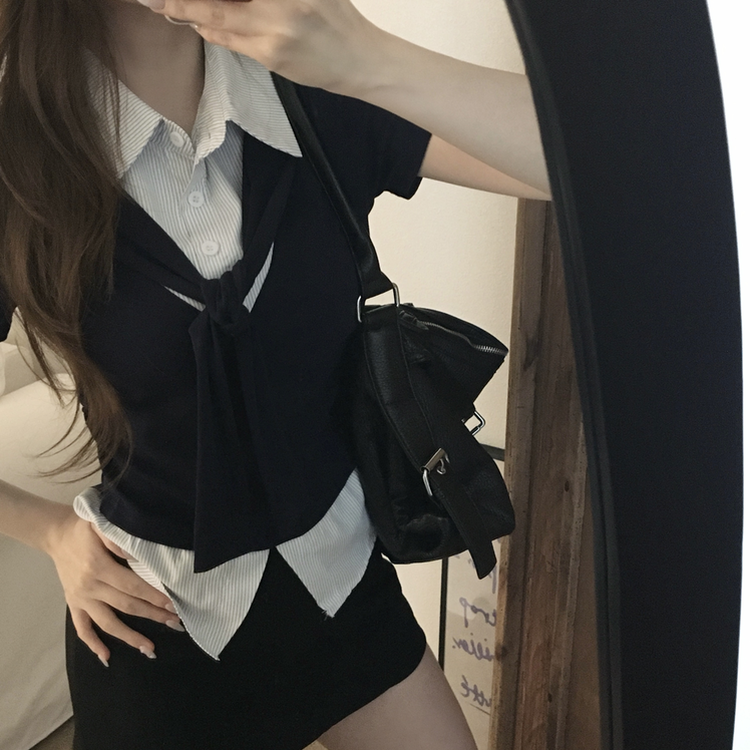 レイヤードシャツサイドシアリング半袖Tシャツ DARK BLUE