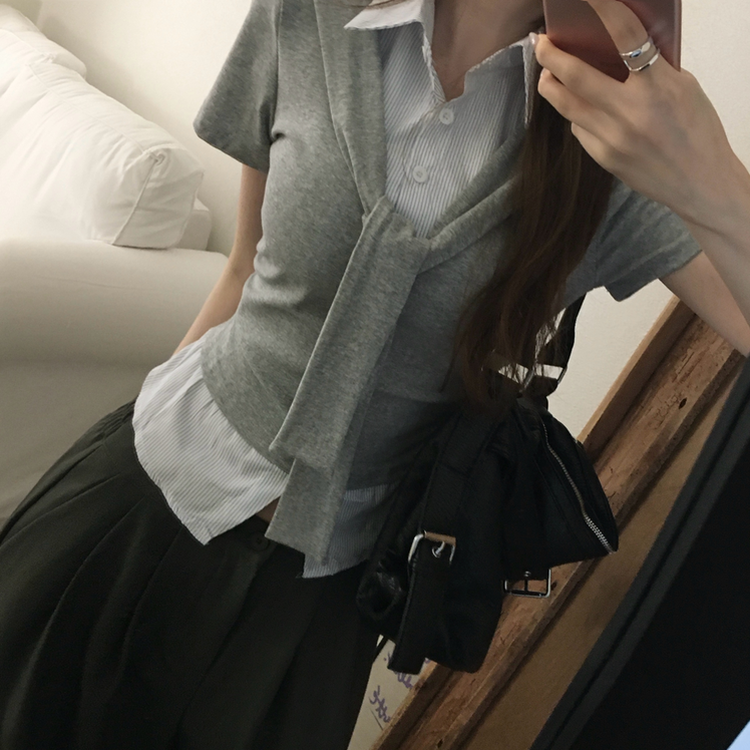 レイヤードシャツサイドシアリング半袖Tシャツ GREY