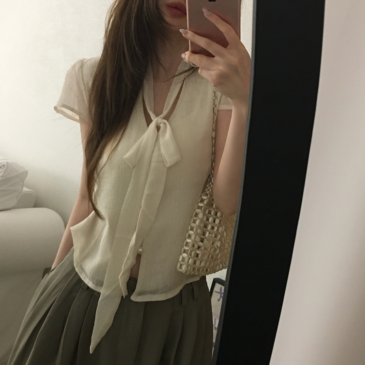 リボンボタンシフォンブラウス CREAM
