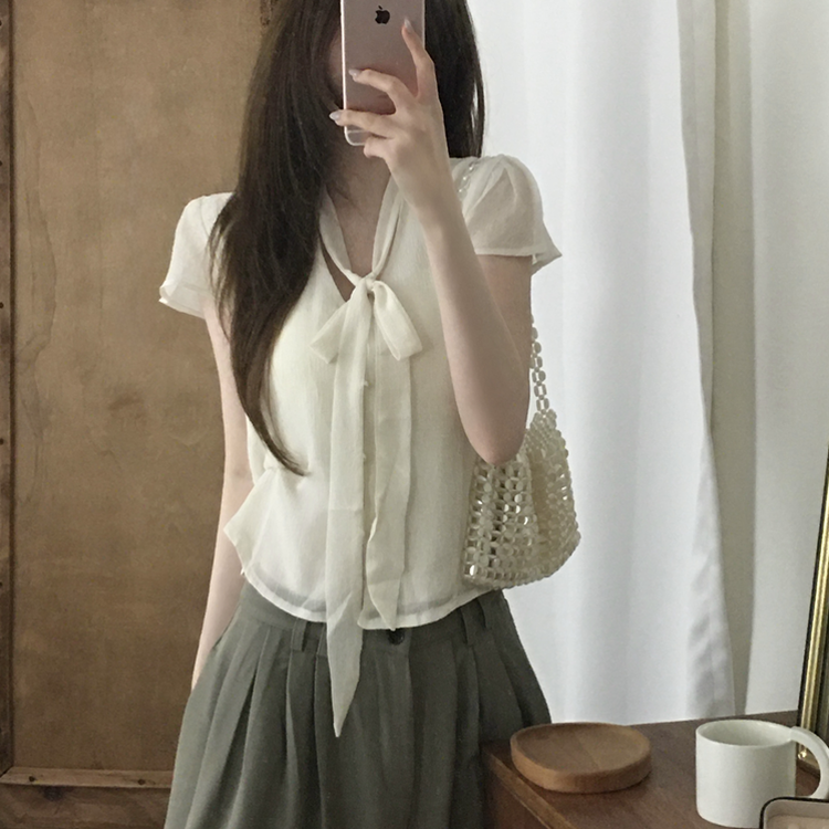 リボンボタンシフォンブラウス CREAM