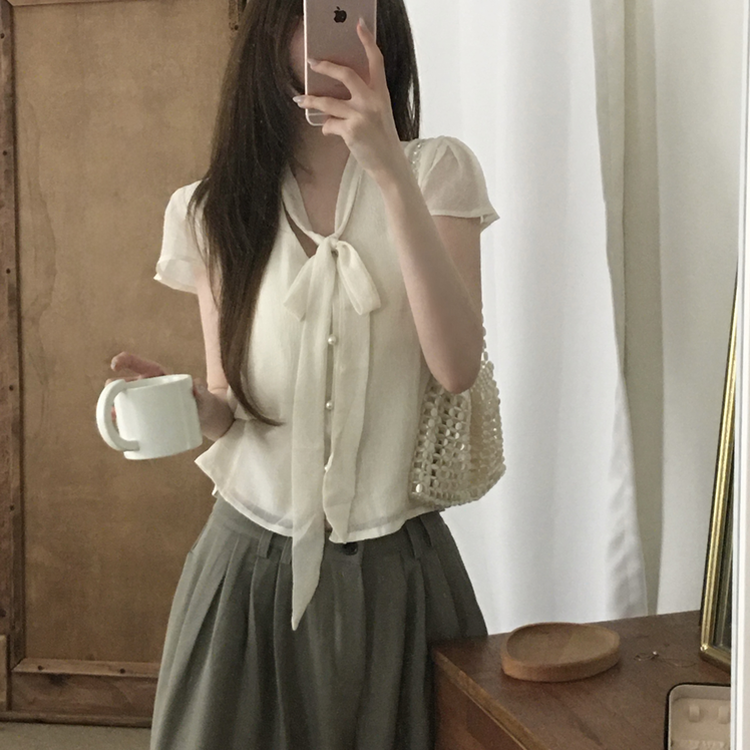 リボンボタンシフォンブラウス CREAM