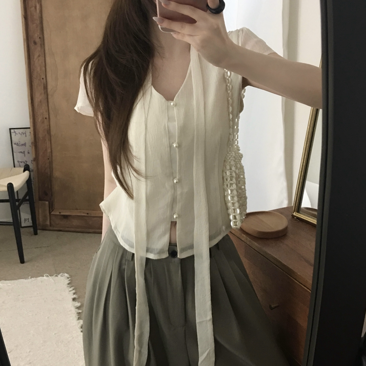 リボンボタンシフォンブラウス CREAM