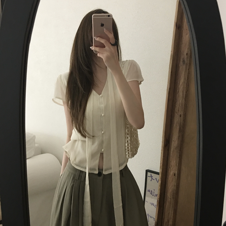 リボンボタンシフォンブラウス CREAM