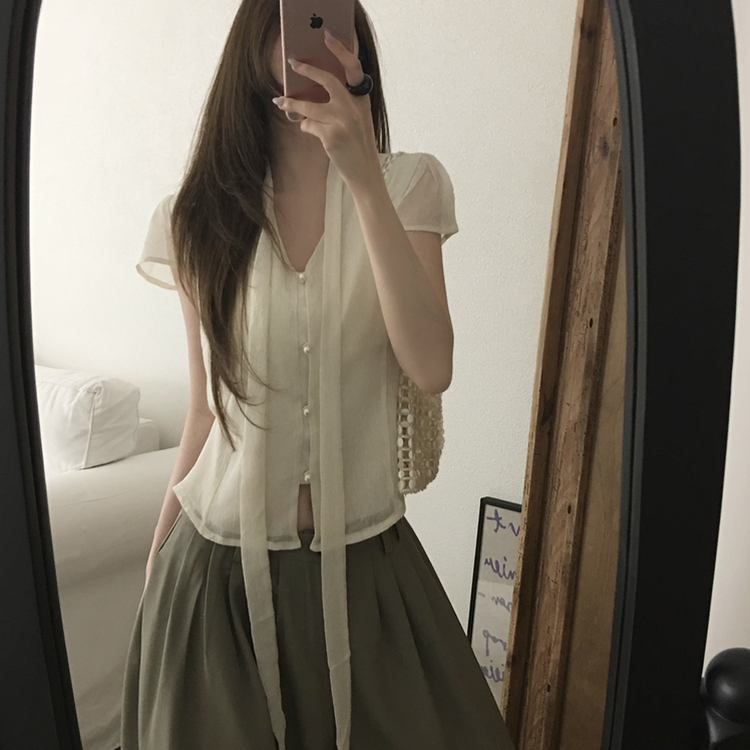 リボンボタンシフォンブラウス CREAM