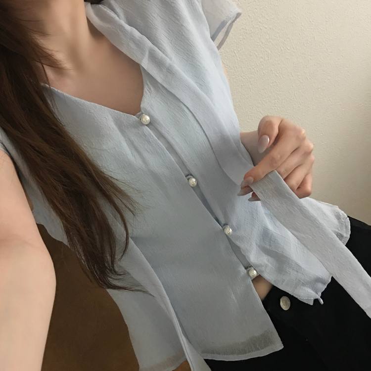 リボンボタンシフォンブラウス BLUE