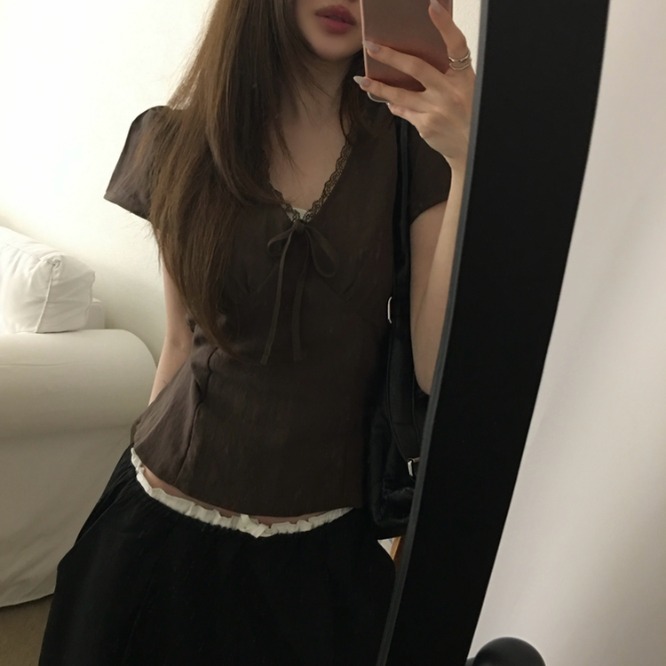 パフレースVネックリボンブラウス BROWN