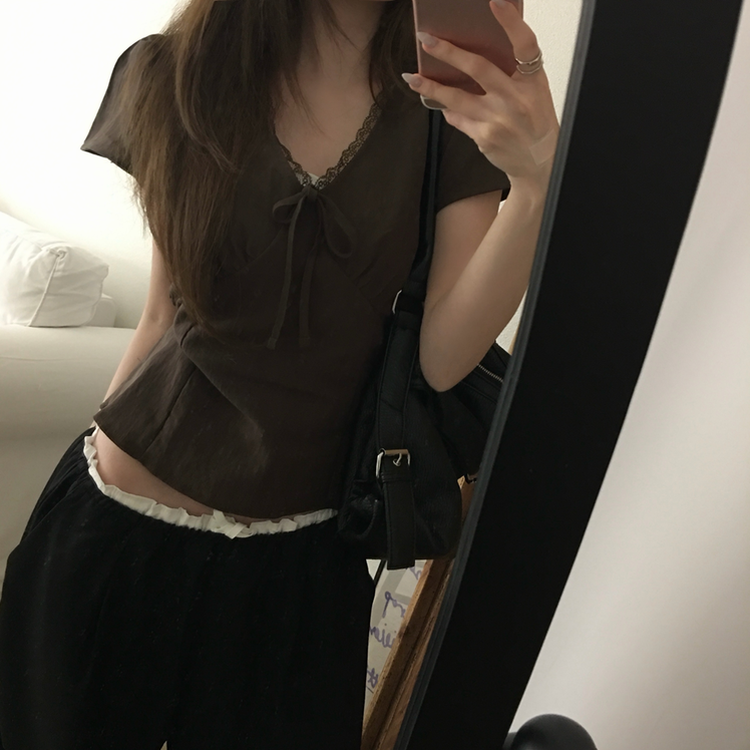 パフレースVネックリボンブラウス BROWN