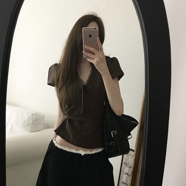 パフレースVネックリボンブラウス BROWN