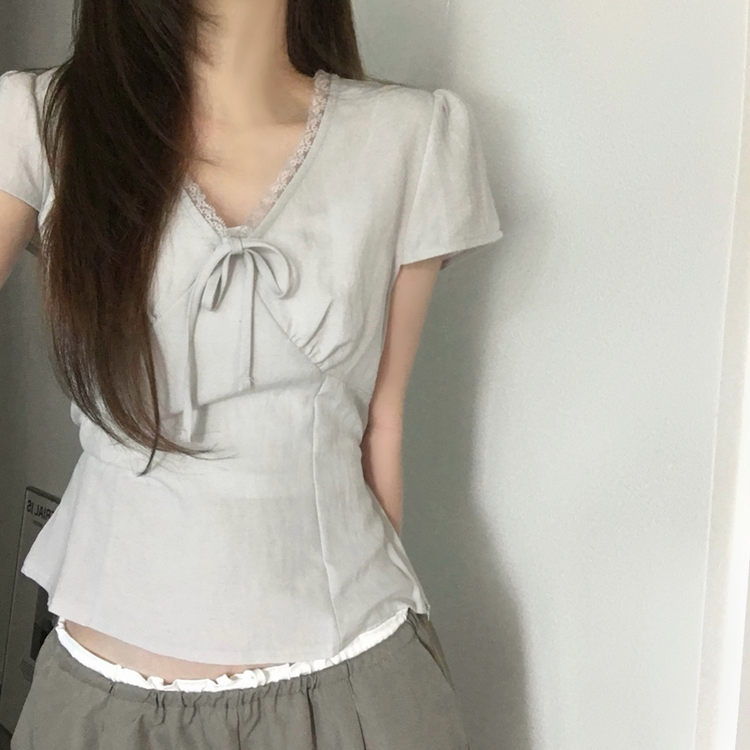 パフレースVネックリボンブラウス BLUE