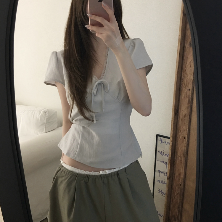 パフレースVネックリボンブラウス BLUE