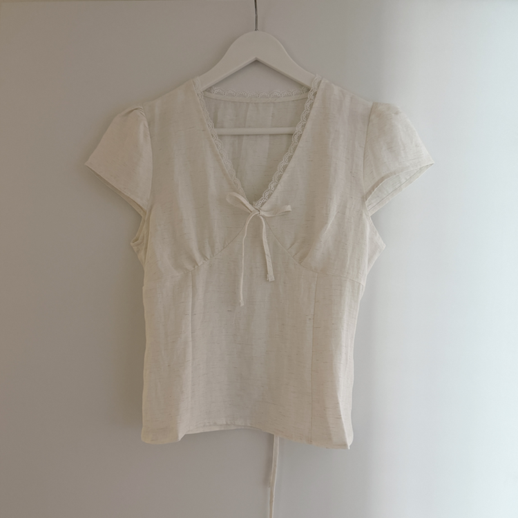 パフレースVネックリボンブラウス