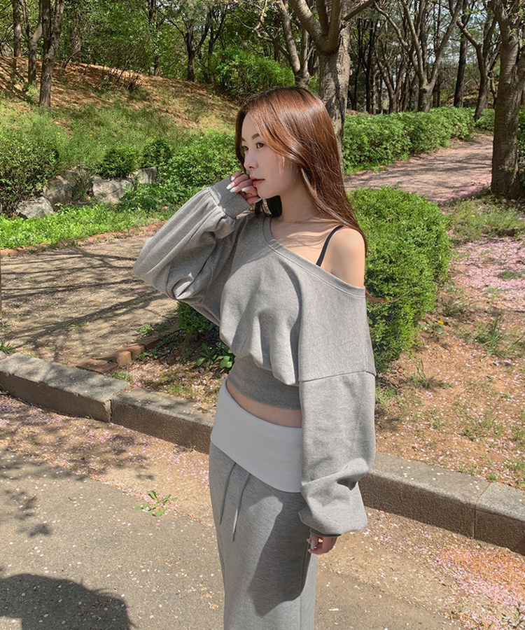オフショルダークロップドトレーナー GREY