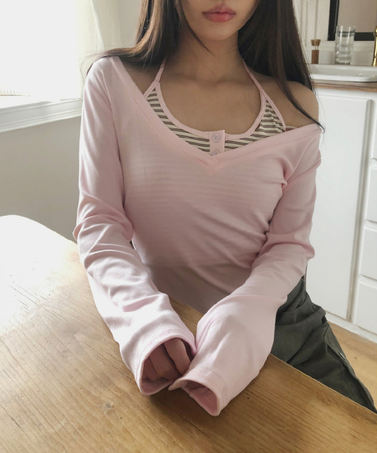 【SET】ストライプホルターネックキャミ＋長袖Tシャツ PINK