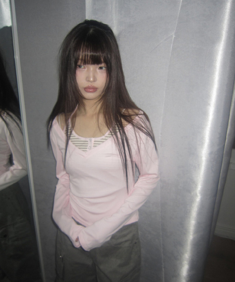 【SET】ストライプホルターネックキャミ＋長袖Tシャツ PINK