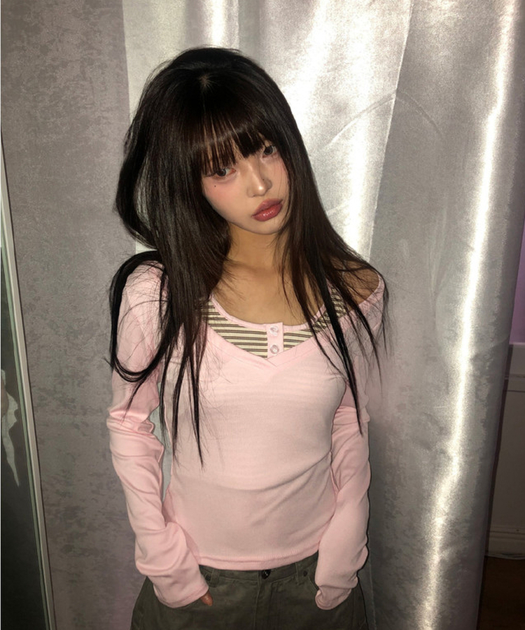 【SET】ストライプホルターネックキャミ＋長袖Tシャツ PINK