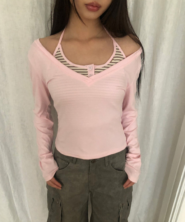 【SET】ストライプホルターネックキャミ＋長袖Tシャツ PINK