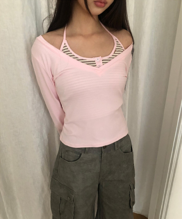 【SET】ストライプホルターネックキャミ＋長袖Tシャツ PINK