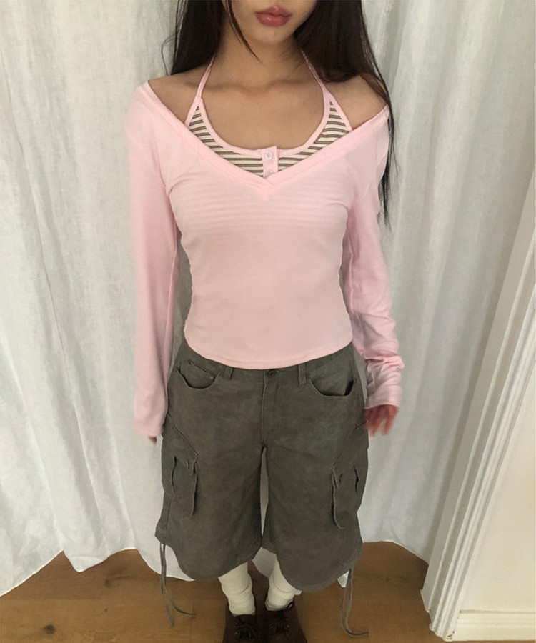 【SET】ストライプホルターネックキャミ＋長袖Tシャツ PINK