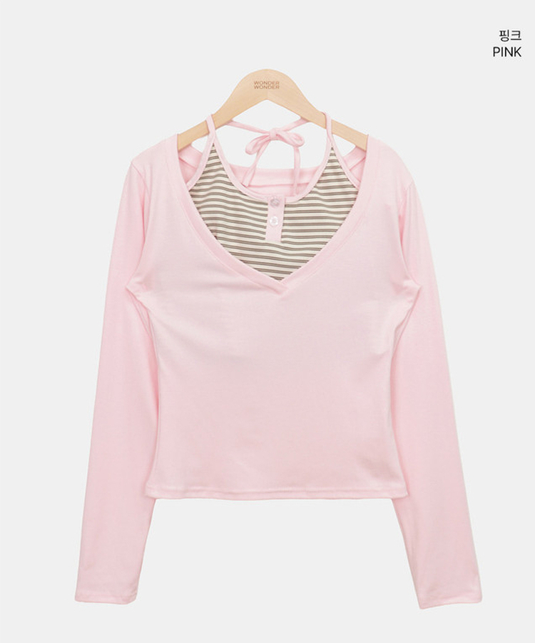 【SET】ストライプホルターネックキャミ＋長袖Tシャツ