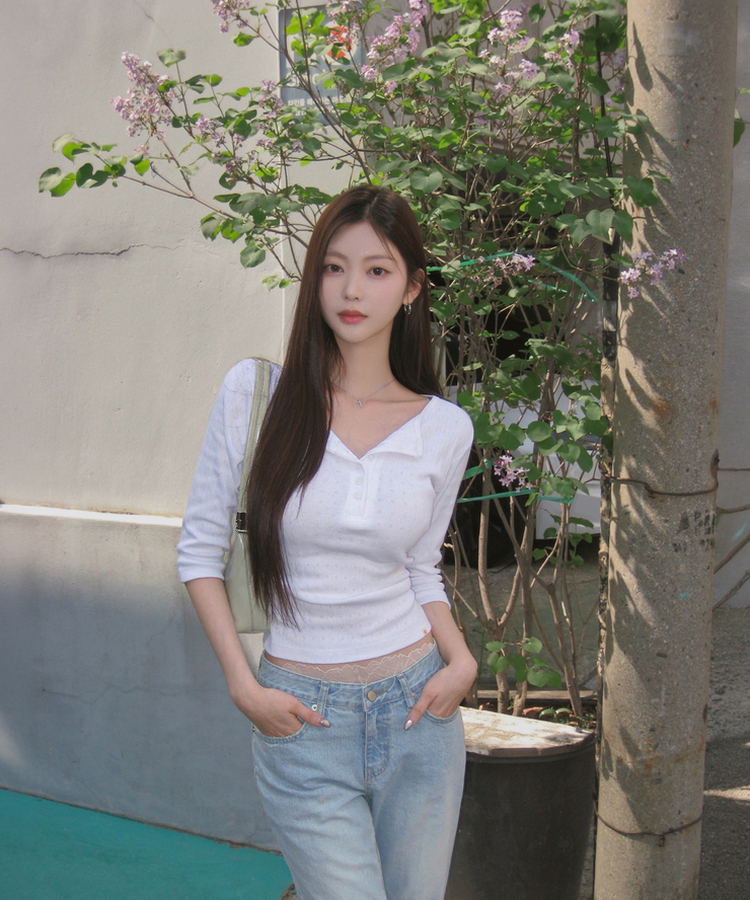 パンチングボタンリブ７分丈Tシャツ WHITE