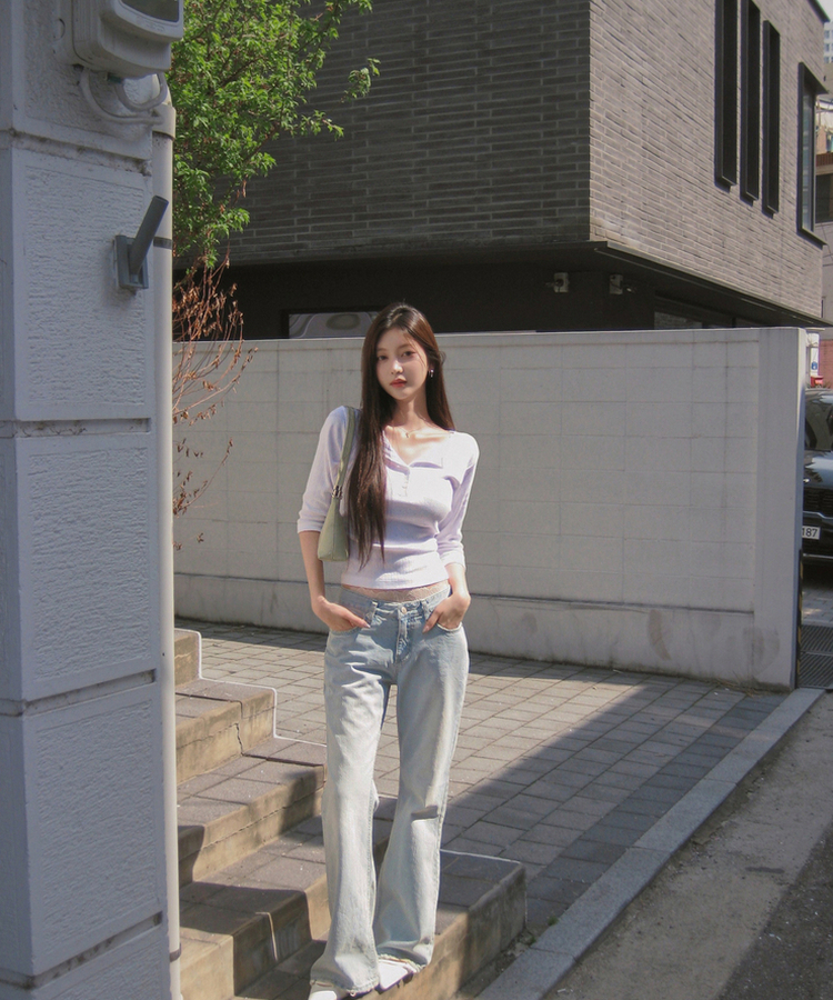 パンチングボタンリブ７分丈Tシャツ WHITE