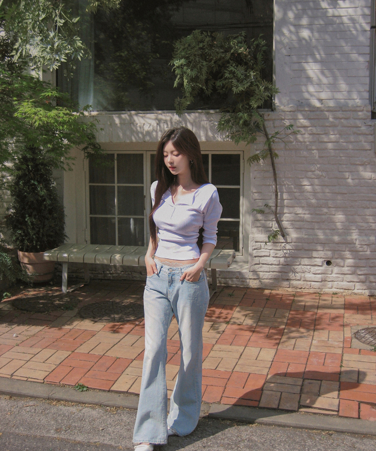 パンチングボタンリブ７分丈Tシャツ WHITE