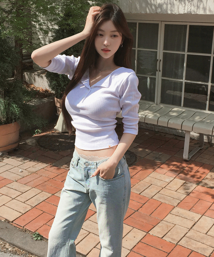 パンチングボタンリブ７分丈Tシャツ WHITE