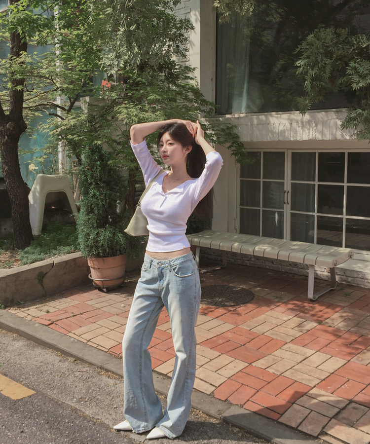 パンチングボタンリブ７分丈Tシャツ WHITE