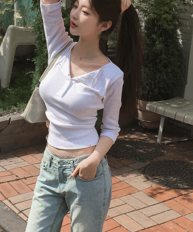 パンチングボタンリブ７分丈Tシャツ WHITE